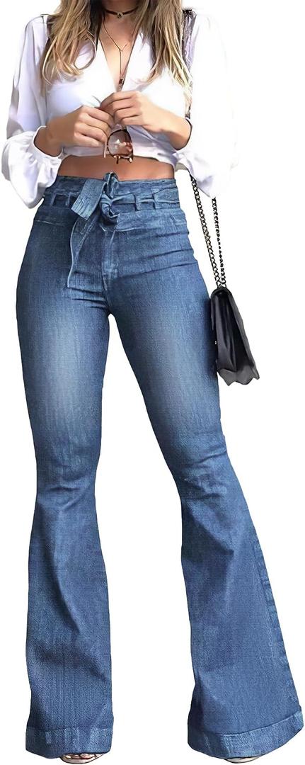 Pantete Womens High Waisted Bell Bottom Jeans Denim High Rise Flare Jean Pants with Wide Leg and Belt (Blue) Large