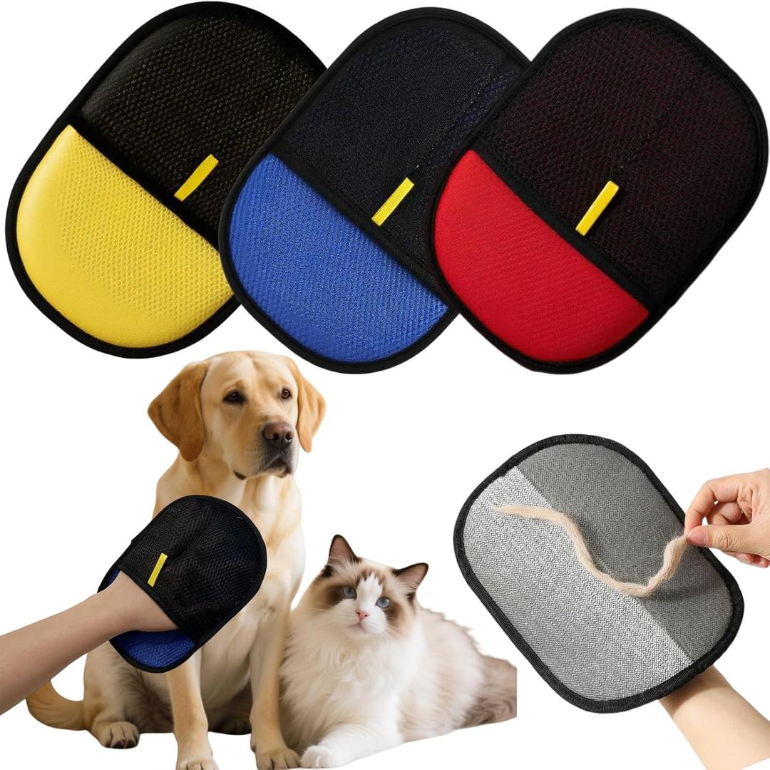 3Pcs Electrostatic Pet Hair Removal Gloves for Cats&Dogs,2025 New Upgraded Reusable Quick De-Shedding Grooming Gloves, Animal Fur Remover Tool for Couch,Carpet,Furniture,Car Seat,Clothing,Curtain (3pcs-Yellow-Blue-Red)
