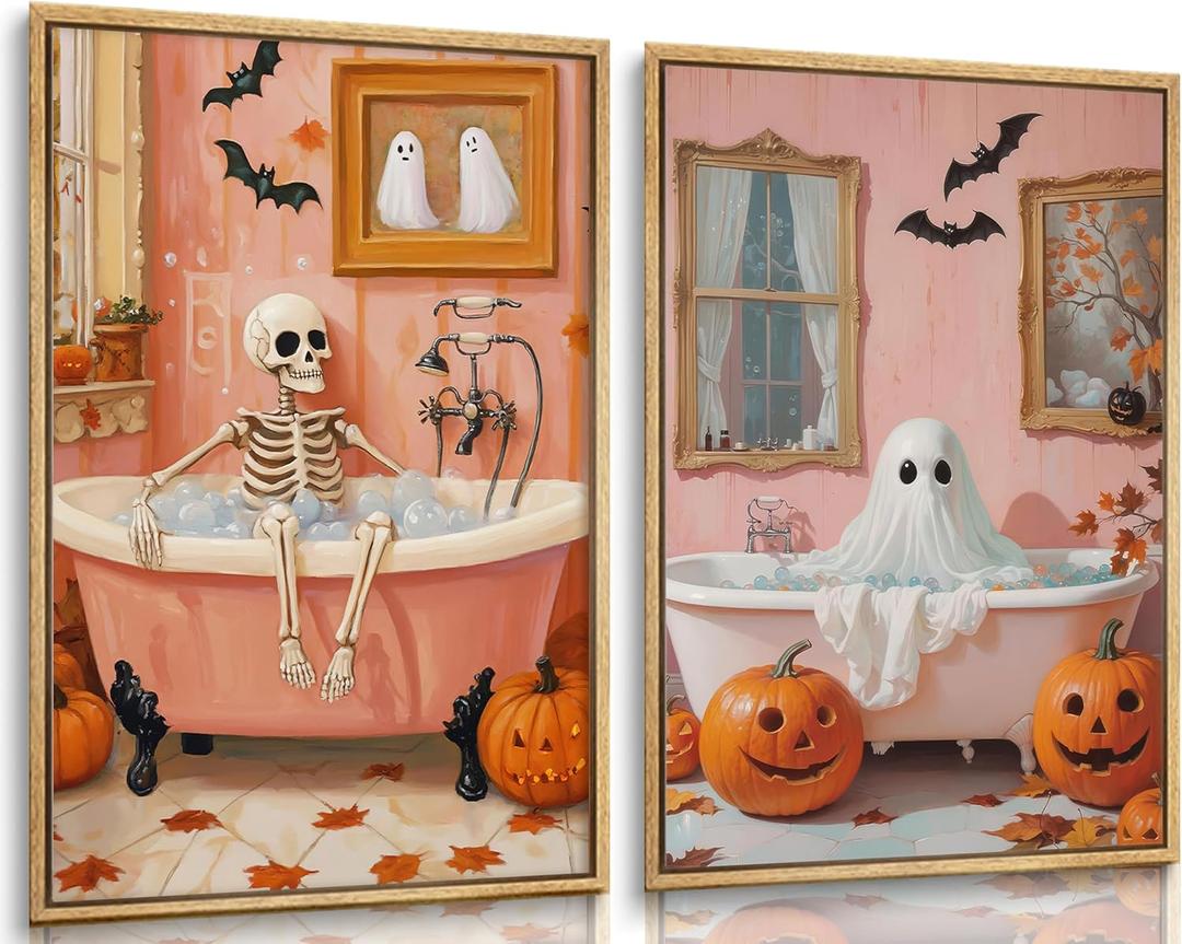 2Pcs Halloween Ghosts Canvas Wall Art Skeletons and ghosts in the bathtub Wall Decor Pictures Vintage pink Fall Pumpkins Posters Prints for Bathroom Gallery Home Decor Unframed
