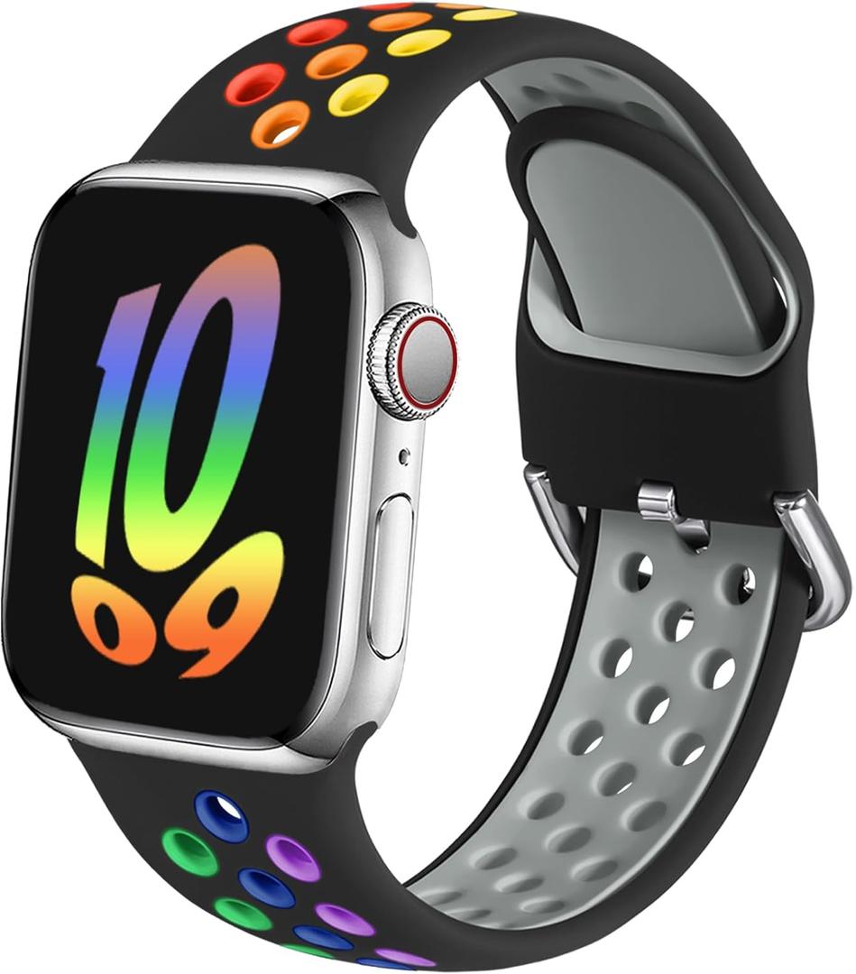 Sport Band Compatible with Apple Watch Women Men, Breathable Soft Silicone Replacement Strap For iWatch Black/Rainbow, 49/46/45/44/(42mm-Series 3) M/L