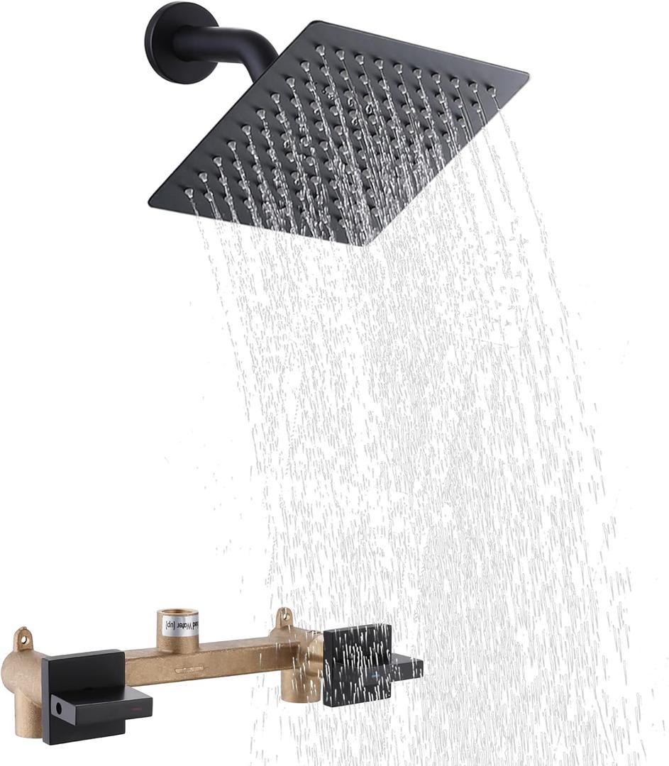 2 Handles Shower Faucet Set, Two Handle Shower with 8'' Stainless Steel Shower Head Combo Set, Single Function Shower Trim Kit with Rough-in Valve, Matte Black
