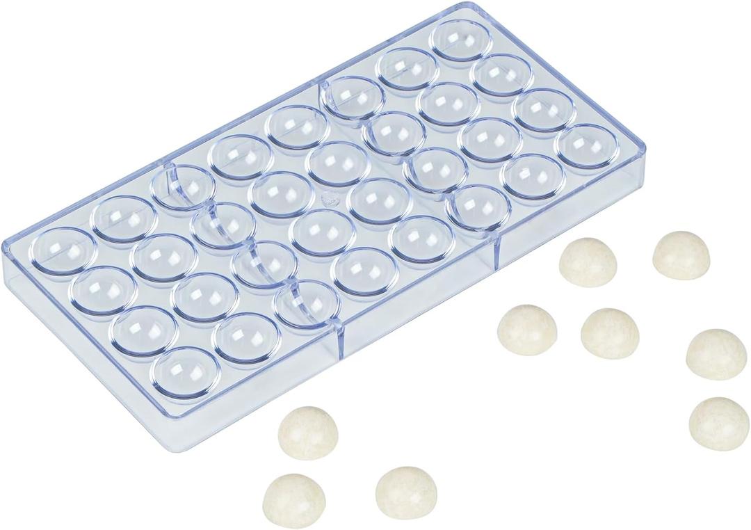 Pastry Tek 10.8 x 5.3 Inch Chocolate Shaping Mold, 1 Freezable Candy Mold - 32 Cavities, Half-Sphere, Clear Polycarbonate Chocolate Mold, Dishwashable, Easy To Release - Restaurantware