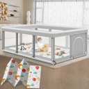 Large Baby Playpen with Mat, 74" 50", Large Play Yards Indoor & Outdoor, Sturdy Safety Baby Play Pen with Soft Breathable Mesh, Toddlers Play Pen with Anti-Slip Base, Mat Included (Grey + Animals Mat)