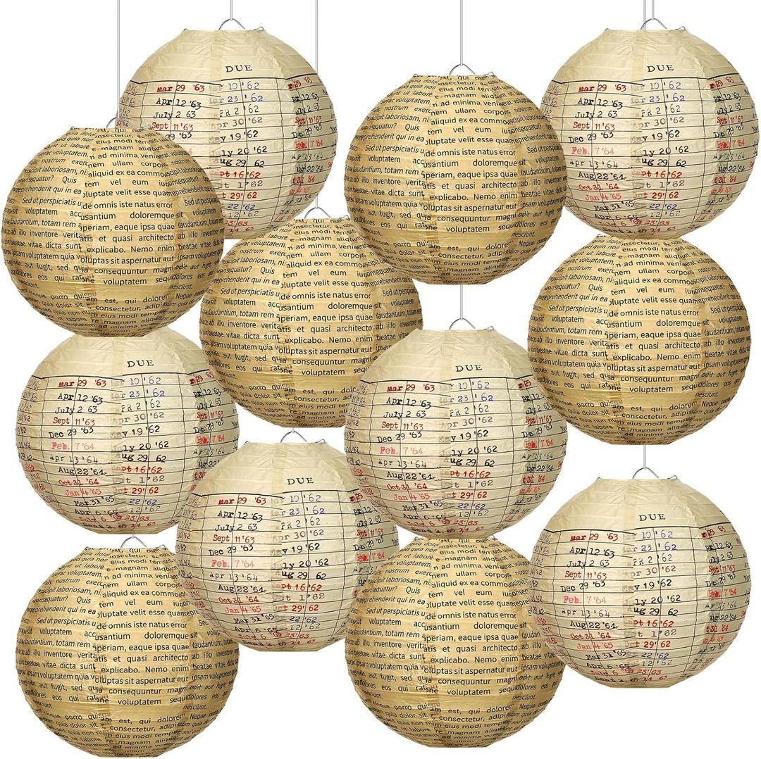 Baquler 12 Pcs Vintage Book Hanging Paper Lanterns Party Decorations, 8 Inch Round Paper Lanterns Ceiling Decor for Classroom Wedding Natural Baby Shower Birthday Party Supplies (Brown)