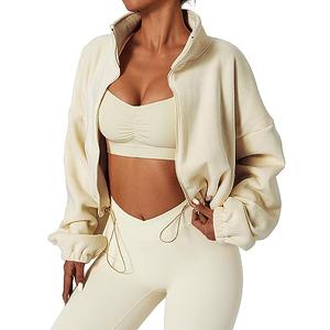 QINSEN Women's Full Zip Fleece Short Jacket Warm Winter Long Sleeve Stand Collar Sherpa Crop Coat, Mediu