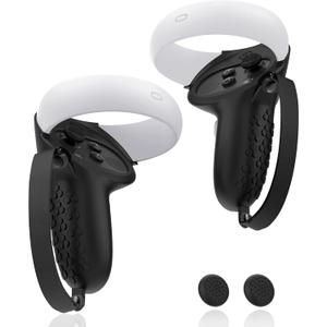 AMZDM Controller Grip for Oculus Quest 2 Accessories Grips Cover for VR Touch Controllers Covers Protector with Non-Slip Thumb Grips 1Pair Black (Black)