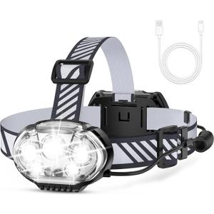 Rechargeable Headlamp, High Lumen Bright 5 LED Head Lamp with Red White Light, IPX4 Waterproof Headlight,8 Mode Head Flashlight for Outdoor Running Hunting Fishing Hiking Camping Gear (1-Pack, Gray)
