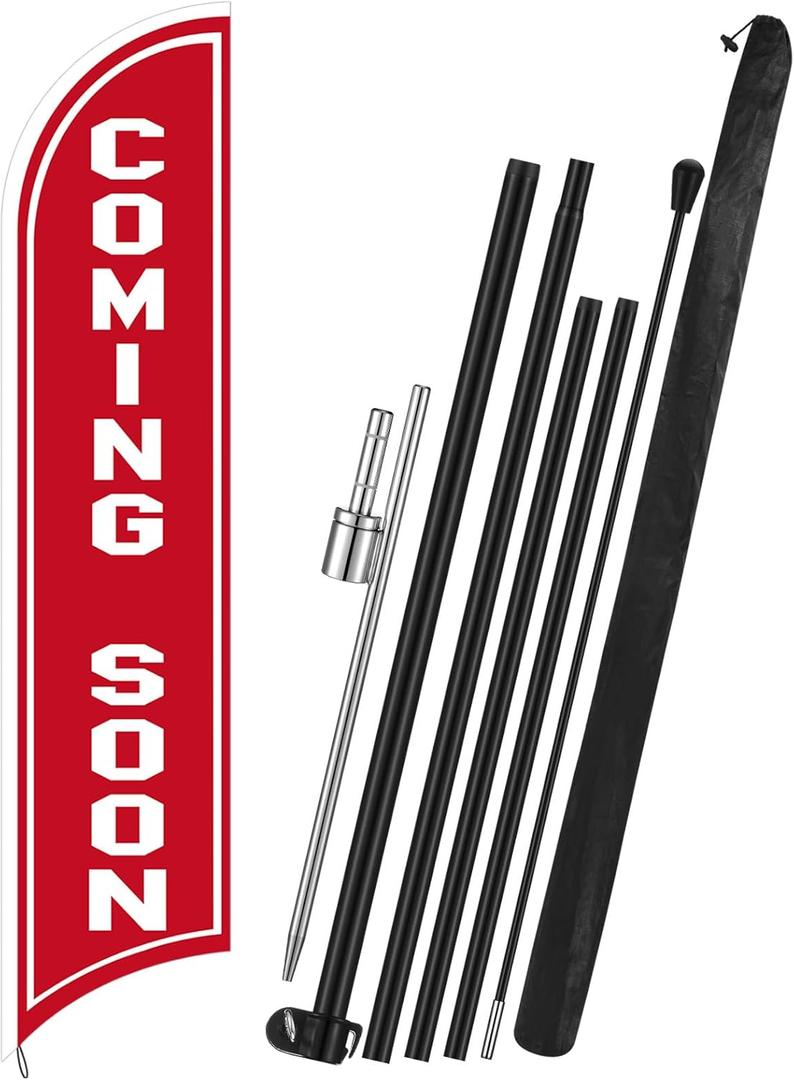 Remagr Coming Soon Windless Feather Banner Swooper Flag Sign 15 ft Tall Stand Coming Soon Advertising Flag Sign with Pole Kit and Fiberglass Ground Stake for Outside
