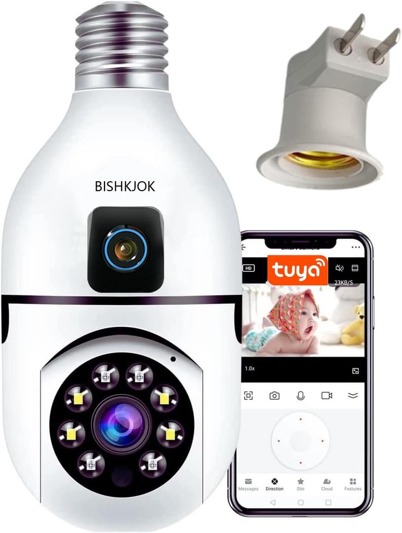 6MP Dual-Lens Light Bulb Security Camera, TUYA Indoor 360 Pan/Tilt WiFi Cam with Auto Tracking, Color Night Vision, Motion Alerts, 2-Way Audio, Pet/Baby Monitor, E27 Socket
