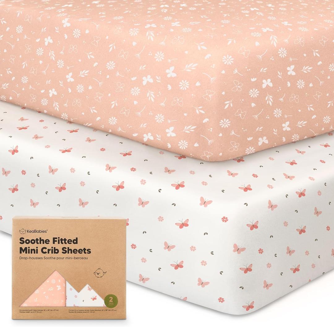 2-Pack Mini Crib Sheets Fitted - 38x26 Pack N Play Sheets for Pack and Play Mattress, Organic Cotton, Soft & Breathable Playard Bedding, Neutral Mini Toddler Bed Cover for Boys, Girls (Butterflies)