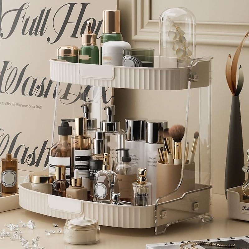 Makeup Organizer 2-Tier Vanity Organizer Countertop, Clear Cosmetic Display Cases for Skincare and Perfumes, Durable White Makeup Organizer for Dresser, Skincare Organizer for Bathroom