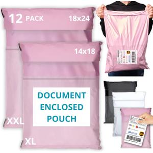 Shipping Bags (12 Pack) with Label Pouch - 14x18 & 18x24 - Poly Mailers for Clothes, Self-Seal Plastic Mailing Envelopes - Tear & Water-Resistant Packaging Bags for Clothing, Not Padded (Pink)