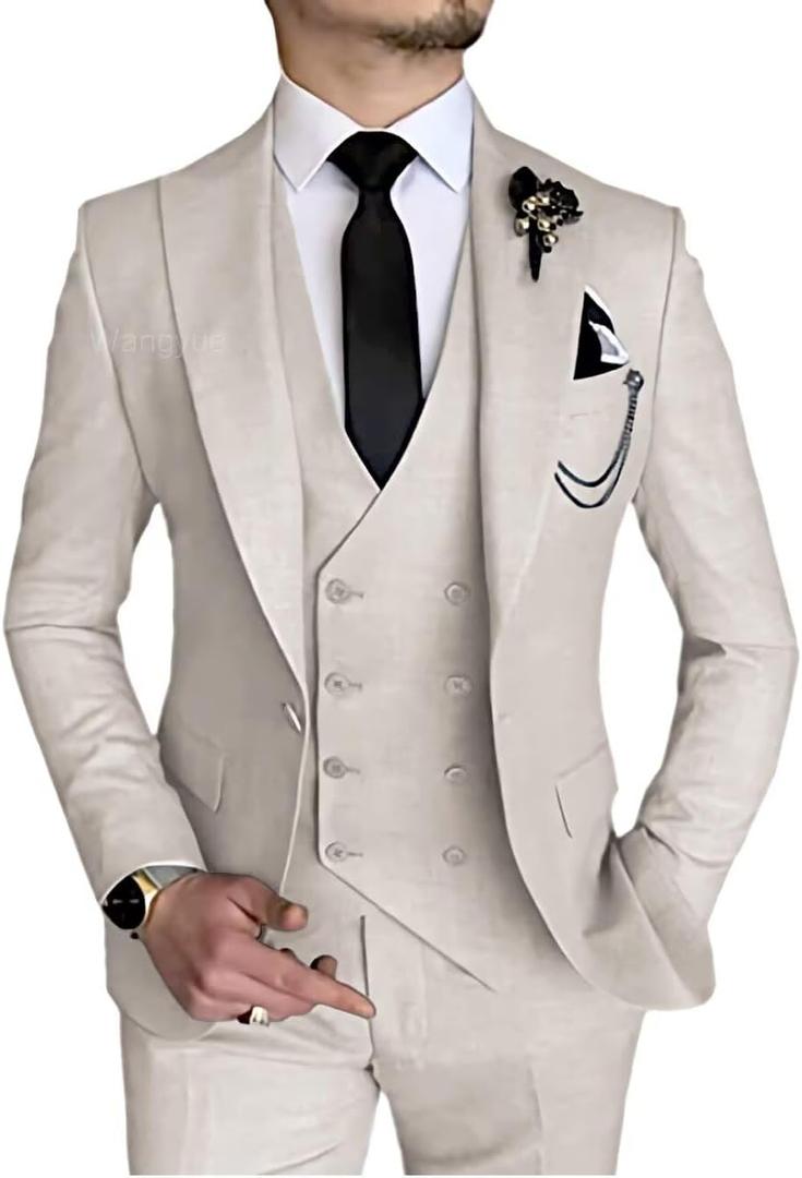 Wangyue 3 Piece Suit Slim Fit Double Breasted Mens Suits for Wedding Party Formal Prom One Button Blazer Vest Pants Sets (Small, Beige)