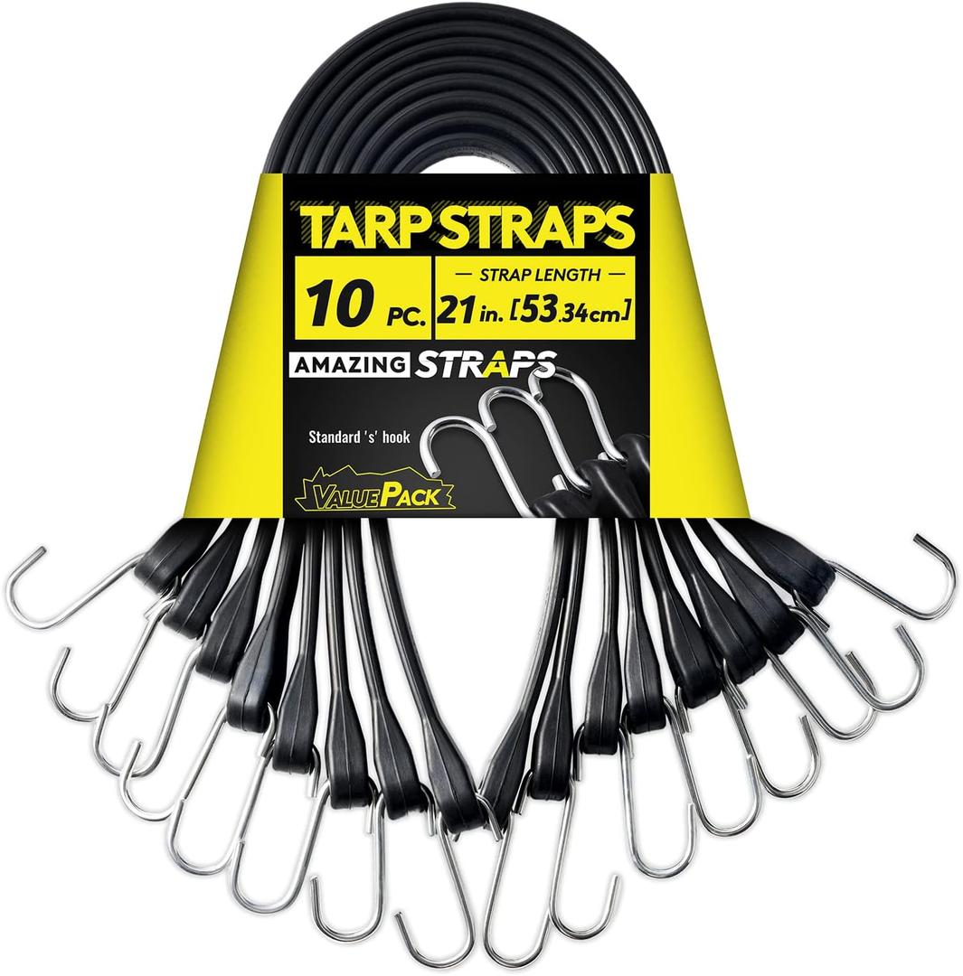 Rubber Bungee Cords Heavy Duty Outdoor with 1.8X Max Stretch & Over 176 lbs Load, 100% EPDM Black Bungee Straps with Standard S Hooks for Cargo, Tarps, Van, Truck, Motorcycle, Weatherproof (10 Pack) (21 inches)