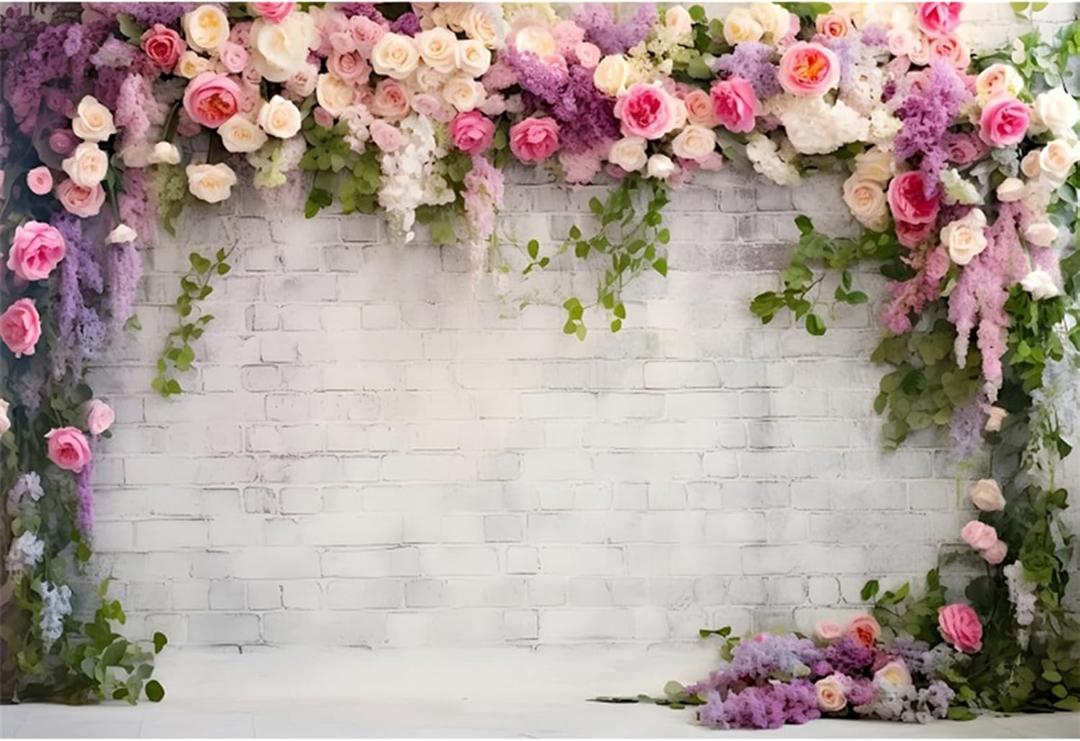 YongFoto Retro White Brick Wall Floral Arch Backdrop 8x6.5ft Rose Flowers Vine Leaves Photography Background Birthday Bridal Shower Wedding Party Banner Room Decor Portraits Photoshoot Wallpaper