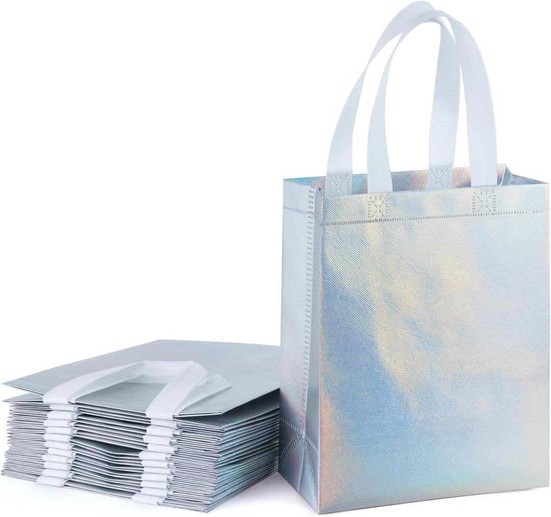 WRAPAHOLIC 12 Pack Reusable Iridescent Silver Gift Bag with Handles - Medium Size 8 x 4 x 10 inch - Perfect for Birthday Gift Bags, Shopping Bag, Goodie Bags, Party Favor Bags
