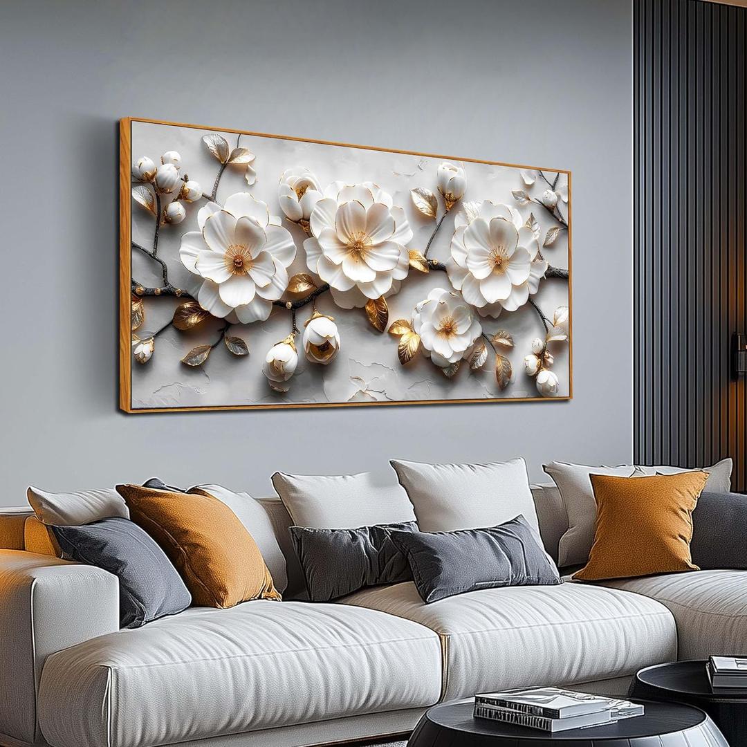 Ouzzlie White Flowers Wall Art for Living Room Floral Beautiful Pictures for Wall Nature Wall Decor Bedroom 24"x 48" (48L" x 24W", White)