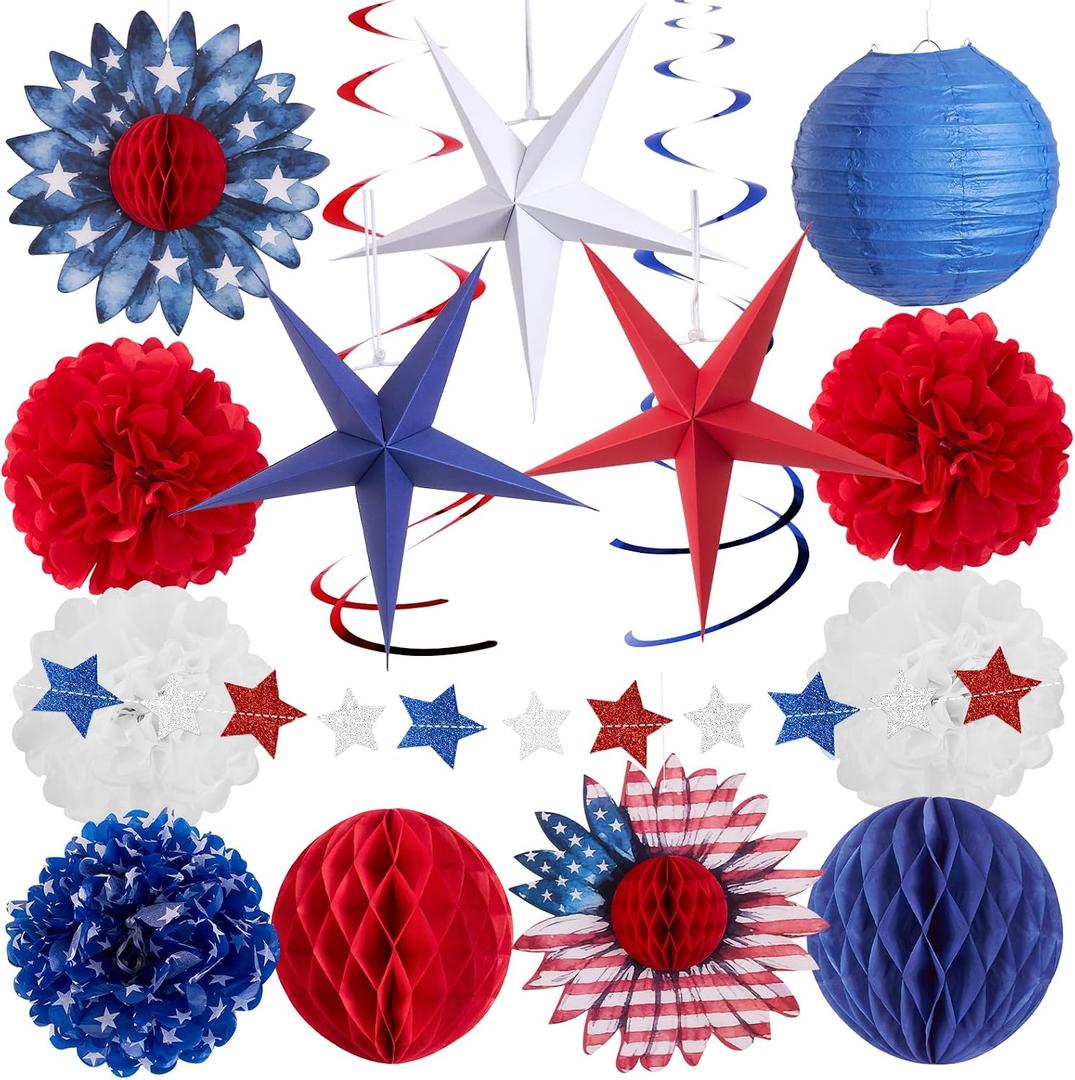 SUNBEAUTY 16PCS 4th of July Decorations Patriotic Party Decor Red White and Blue 3D Paper Star Hanging Swirls Star Garland Tissue PomPom, American Flag Paper Flowers for Independence Day Memorial Day.