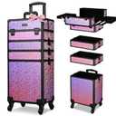 BYOOTIQUE Rolling Makeup Train Case on Wheels 4in1 Cosmetology Profesional Travel Cosmetic Bag Lockable Organizer Box for Hairstylist Artist Nail Beauty Salon Barber,Mermaid Pink (XLarge)