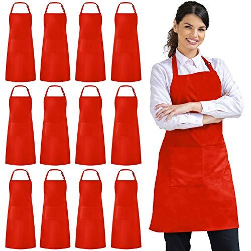 Syntus 12 Pack Bib Apron, Unisex Aprons Adjustable Waterdrop Resistant with 2 Pockets Cooking Kitchen Apron for Chef, BBQ Drawing Apron Bulk, Red