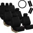 FH Group Light & Breezy Flat Cloth Cars Seat Covers Combo Steering Wheel Cover & Seat Belt Pads, Airbag and Split Rear Universal Fit Interior Accessories Cars Trucks SUV 7 Seater Three Row Set Black