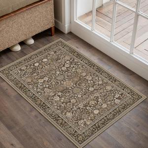 PureCozy Brown 2x3 Small Rug Washable Vintage Floral Carpet for Entryway Soft Low Pile Non Slip Indoor Accent Rugs Retro Distressed Throw Rug Kitchen Bedroom Office