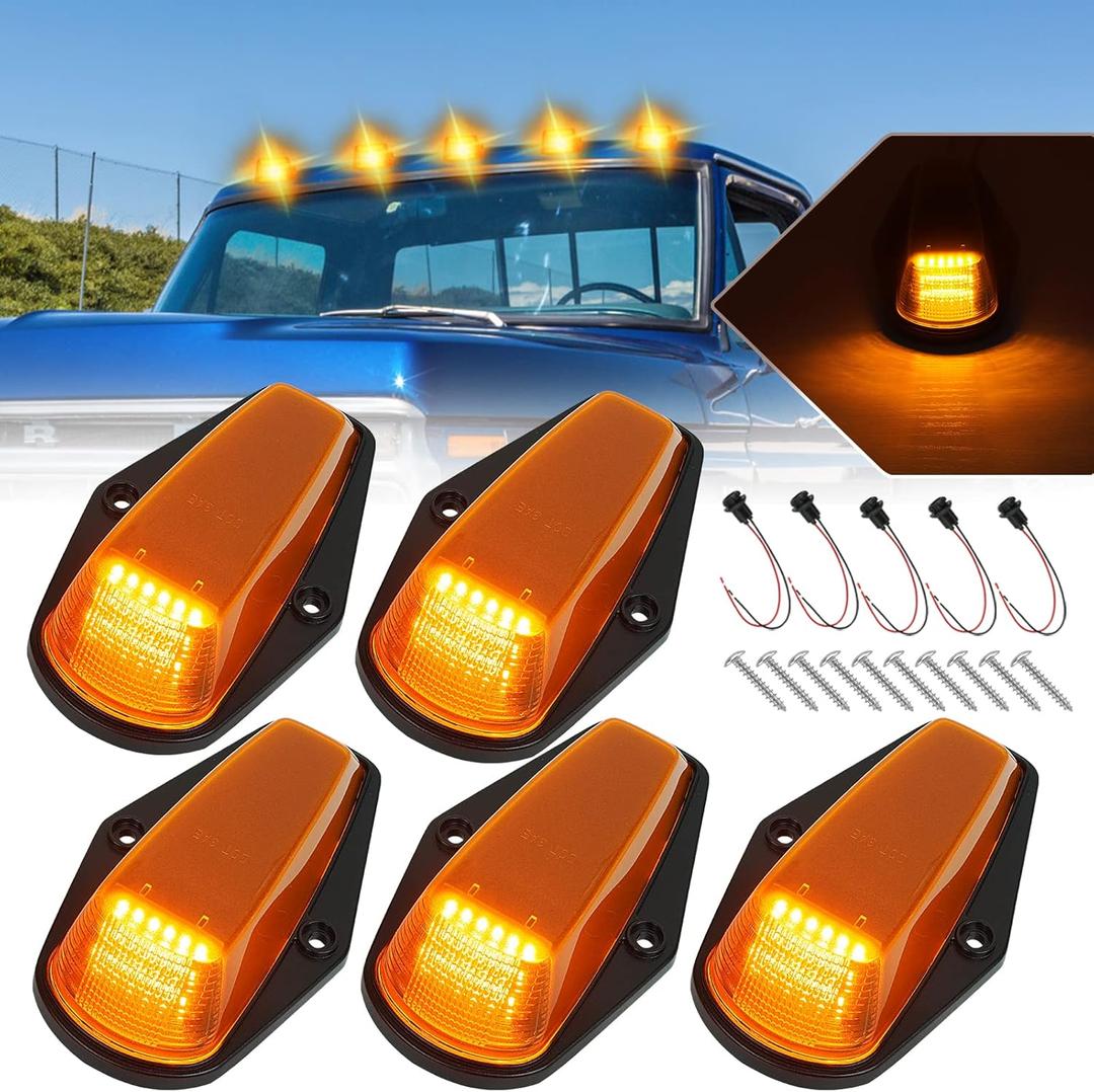 D-Lumina Amber Lens Roof Cab Marker Lights for Fo-rd F150 F250 F350 1973-1997, Amber LED Cab Roof Top Marker Running Lights Assembly, Pack of 5