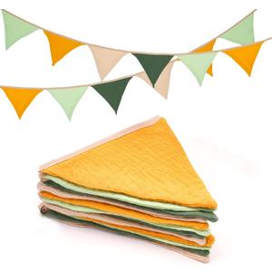 GCQQ Pennant Banner Flags - 12Pcs Green Yellow Nursery Pennant Bunting Banners 9Ft Cotton Fabric Nursery Baby Shower Double-Side Pastel Garland Decor for Toddler Room Wall Bed Baby Shower Birthday