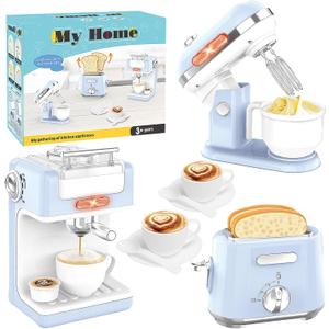Pretend Play Kitchen Appliances Toy Set, Kids Kitchen Accessories Set with Coffee Maker, Toaster, Mixer with Light and Sound, Gift for Girls Boys Kids Ages 3 4 5 6 7 8(Blue)