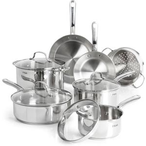 T-fal Stainless Steel Pots and Pans Set 11 Piece, Induction, Oven Broiler Safe 500F, Kitchen Cooking Set w/Fry Pans, Saucepans, Saute Pan, Dutch Oven, Steamer, Cookware, Dishwasher Safe, Silver