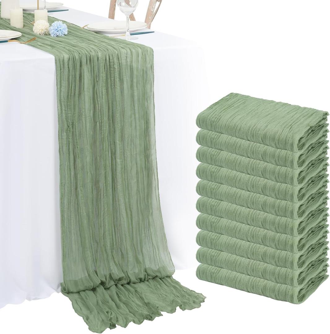 10 Pack Sage Green Cheesecloth Table Runner 10FT Boho Romantic Gauze Table Runner 20 x 120 Inch Rustic Sheer Runner for Wedding Party Bridal Shower Thanksgiving Christmas Decoration