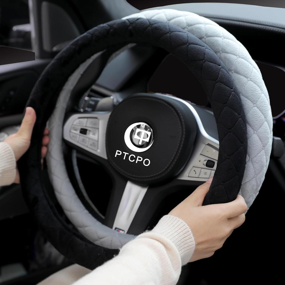 Soft Car Steering Wheel Cover for Sedan, SUV, Warm Luxury Velvet, Odorless, Universal, Anti Slip, Summer Winter, Black, Standard Size[14" 1/2-15"](37-38cm)