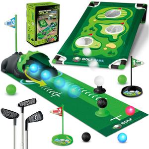 3 in 1 Kids Golf Set with Dinosaur Automatic Golf Returner, Golf Cornhole Board, Led Light Up Balls, Putting Mat, 3-8 Toddler Mini Golf Games, Indoor Outdoor Golf Toys Gift for Boys Girls 3+