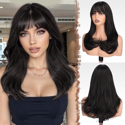 FESHFEN Long Wigs with Bangs, Synthetic Natural Looking Layered Straight Hair Wig for Women Daily Party Use 18 inch, Natural Black