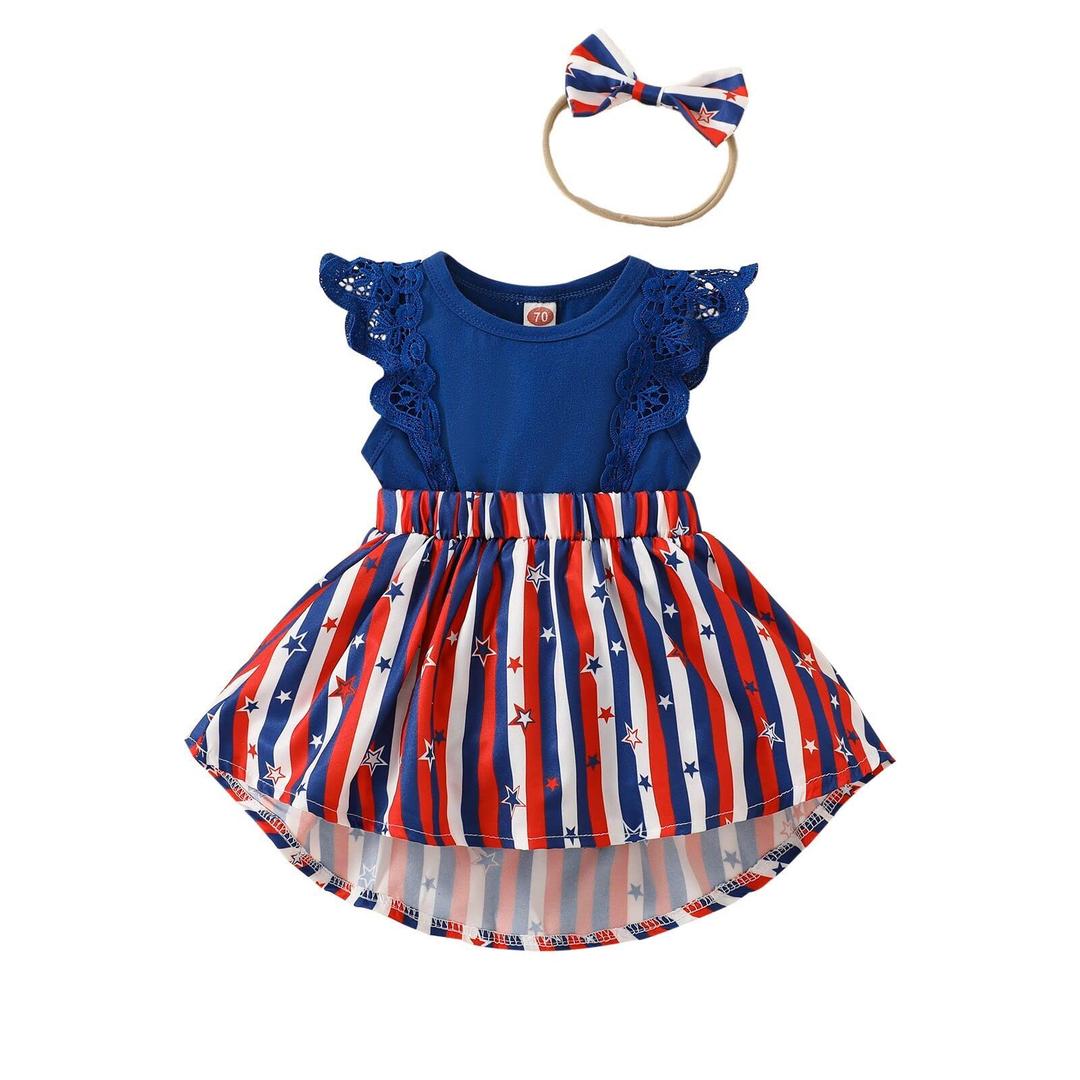 Guodeunh Infant Baby Girl Independence Day Outfit 4th of July Dress Ruffle Lace Romper Sleeveless Top Star Stripe Skirt+Headband (Blue, 0-3 Months)