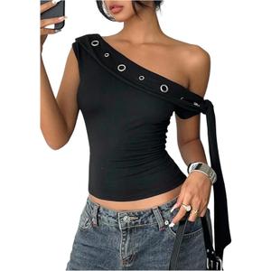 SweatyRocks Women's Y2K One Off The Shoulder Tops Punk Tie Knot Going Out Crop Tank Top (Black, S)