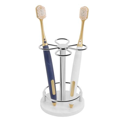 HarJue Toothbrush Holder Stand for Bathroom, Metal Toothbrush Organizer with Marble Base, Toothbrush Storage Collection for Family, Suitable for Home Hotel Countertop Vanity (Small, Chrome Finish)(Traces of rust)