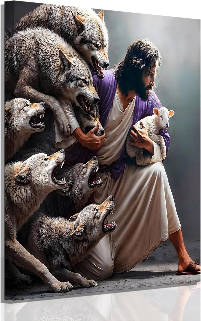 Framed Jesus and Lamb Canvas Wall Art16x24 inches Can Be Hung Directly | Jesus Saves Lost Lamb Christian Painting, Shepherd Protect Lamb from Wolves, For Living Room Bedroom Decor
