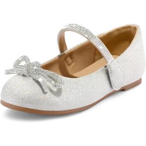 K KomForme Girl's Bow Mary Jane Dress Shoes Ballet Princess Flats with Rhinestone Strap for Party Wedding School, 1 Big Kid