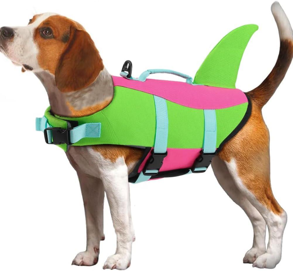 EMUST Dog Life Vest for Boating, Adjustable Ripstop Large Dog Life Jacket Vest with Rescue Handle for Pool Beach Boating (L, Green)