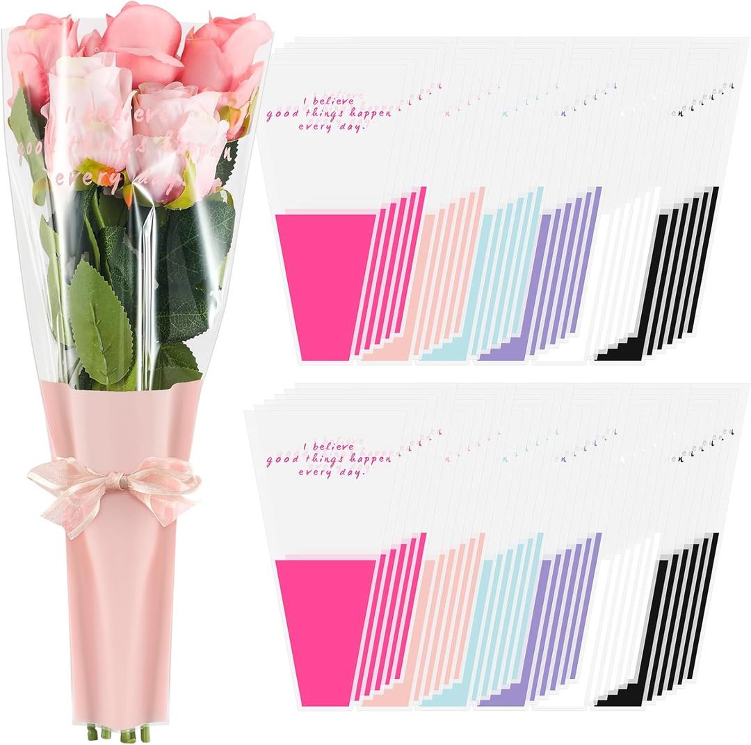 Chivertion 300 Pcs Flower Sleeves for Bouquets 2025 Graduation Disposable Clear Rose Flower Wrapping Paper Bags Plastic Floral Bouquet Bags for Wedding Anniversary Birthday DIY Gift Florist Supplies