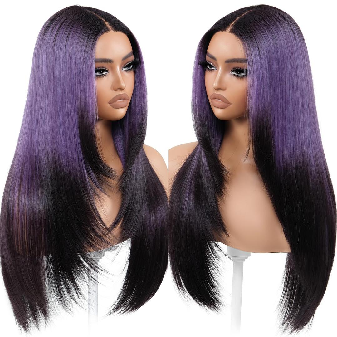 Ombre Purple Black Wear and Go Glueless Wigs Pre Plucked Pre Cut for Beginners Synthetic Lace Front Wig with Bangs Long Straight layered Wig HD Lace 26 Inch 3 Seconds to Wear for Beginners
