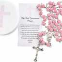 Westmon Works First Communion Rosary Set for Girls with Pink Rose Shaped Bead Case and Holy Card