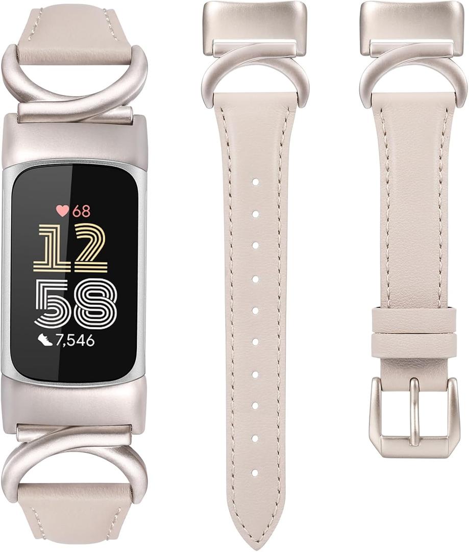 Minyee Leather Bands Compatible with Fitbit Charge 6/Fitbit Charge 5 Band Women, Slim Thin Dressy Premium Leather Strap with C-Shape Metal Buckle for Charge 6/5 Watch Accessories (Starlight/Starlight)