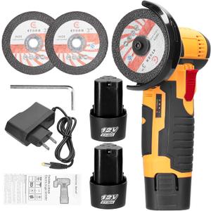 Angle Grinder, Geevorks Electric Grinding Tool 19500RPM, Mini Grinder Handheld Cutter for Cutting Polishing Ceramic Tile Wood Stone Steel, with 2 Cutting Disc/2PCS 1200mAh Battery, Yellow