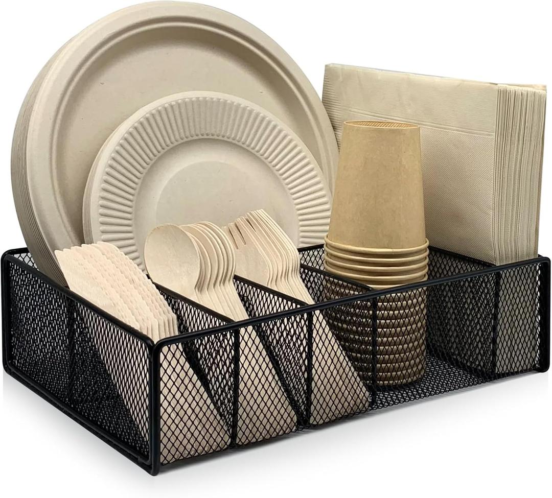 Metal Paper Plate Holder - Utensil Silverware Caddy for Kitchen Counter Cabinet Cutlery Flatware Organizer Storage Dispenser Box for Plastic Spoon Fork Plates Napkins Cup Party Camping Black