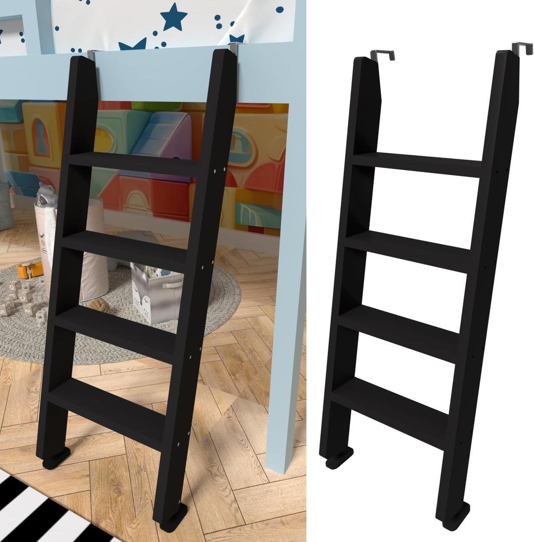 55" Black Wood Bunk Bed Ladder, Lofted/Dorm/RV Bed Bunkbed Ladders with 4in Extra Wide Steps and Non-Slip Pads, Replacement Wooden Ladder for Motorhome/Camping (Black, 55in /140cm)