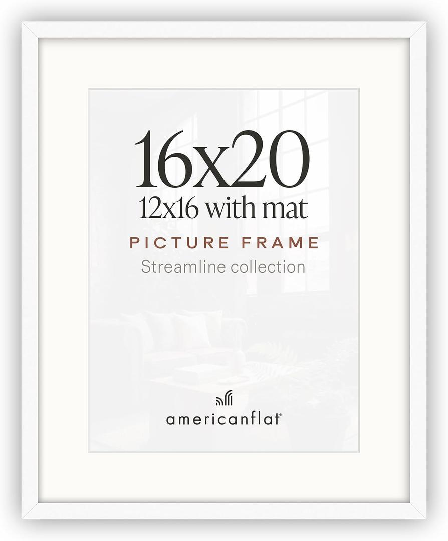 Americanflat 16x20 Poster Frame - Matted to 12x16 - Slim Molding - White, 16x20 with 12x16 Mat