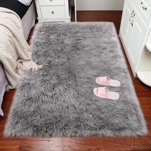 Faux Sheepskin Rug Fluffy Rug,Fluffy Area Small Rugs Shaggy Rugs for Bedroom Rug Fluffy Sofa Floor Carpet Home Decoration Grey Rugs (Grey_2ftx4ft)