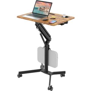 JOY worker Mobile Standing Desk, 28 inch Small Height Adjustable Rolling Laptop Desk, Portable Sit Stand Table with Lockable Wheels, Ergonomic Desktop Table for Home Office, Rustic Brown